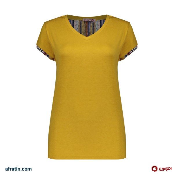 فروش اینترنتی ست تی شرت آستین کوتاه و شلوارک زنانه مدل راه راه کد 6572 رنگ خردلی
