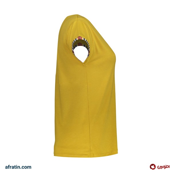 خرید اینترنتی ست تی شرت آستین کوتاه و شلوارک زنانه مدل راه راه کد 6572 رنگ خردلی