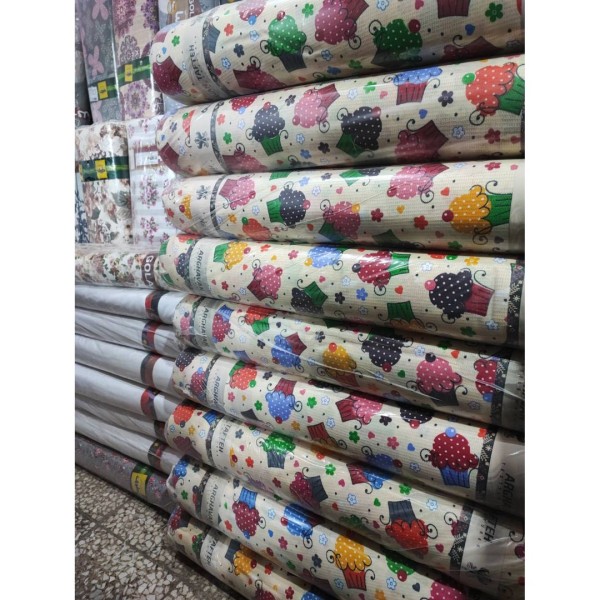 خرید آنلاین پارچه آشپزخانه دستمالی پلی پنبه طرح کاپ کیک عرض 1.5
